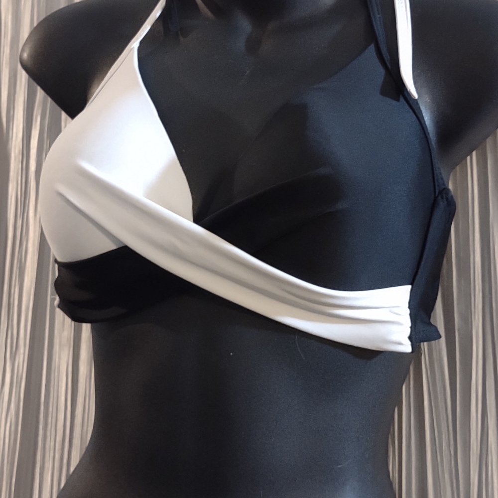 black & white bikini top with striped Victoria Secret bottom